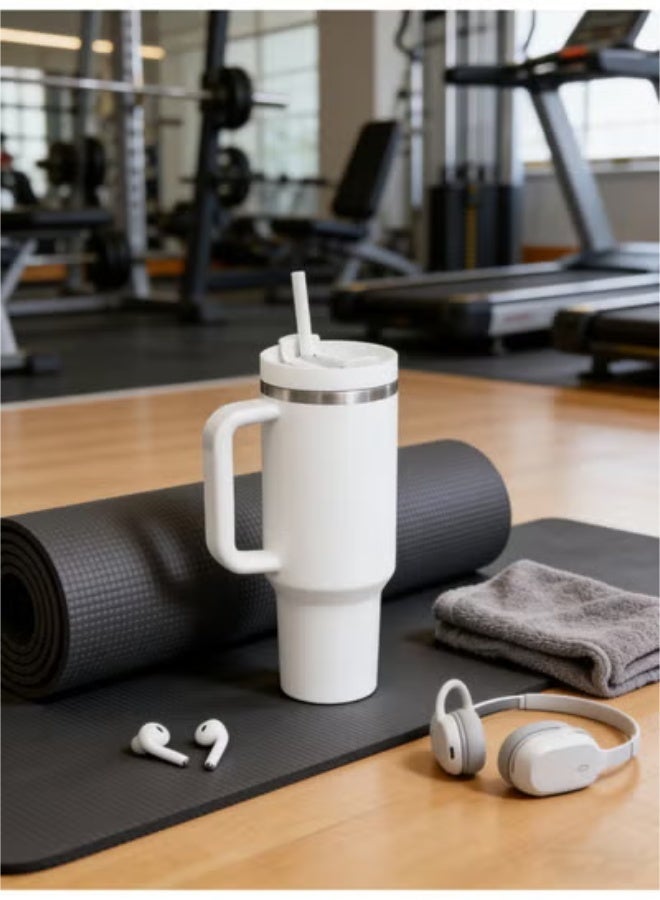 EXCLIFE Stainless Steel Vacuum Flask with Lid and Straw White - Image 1